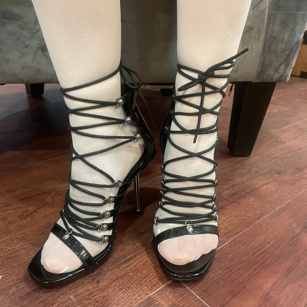 NNB ASOS Black Lace Up Metal Stiletto Sandals